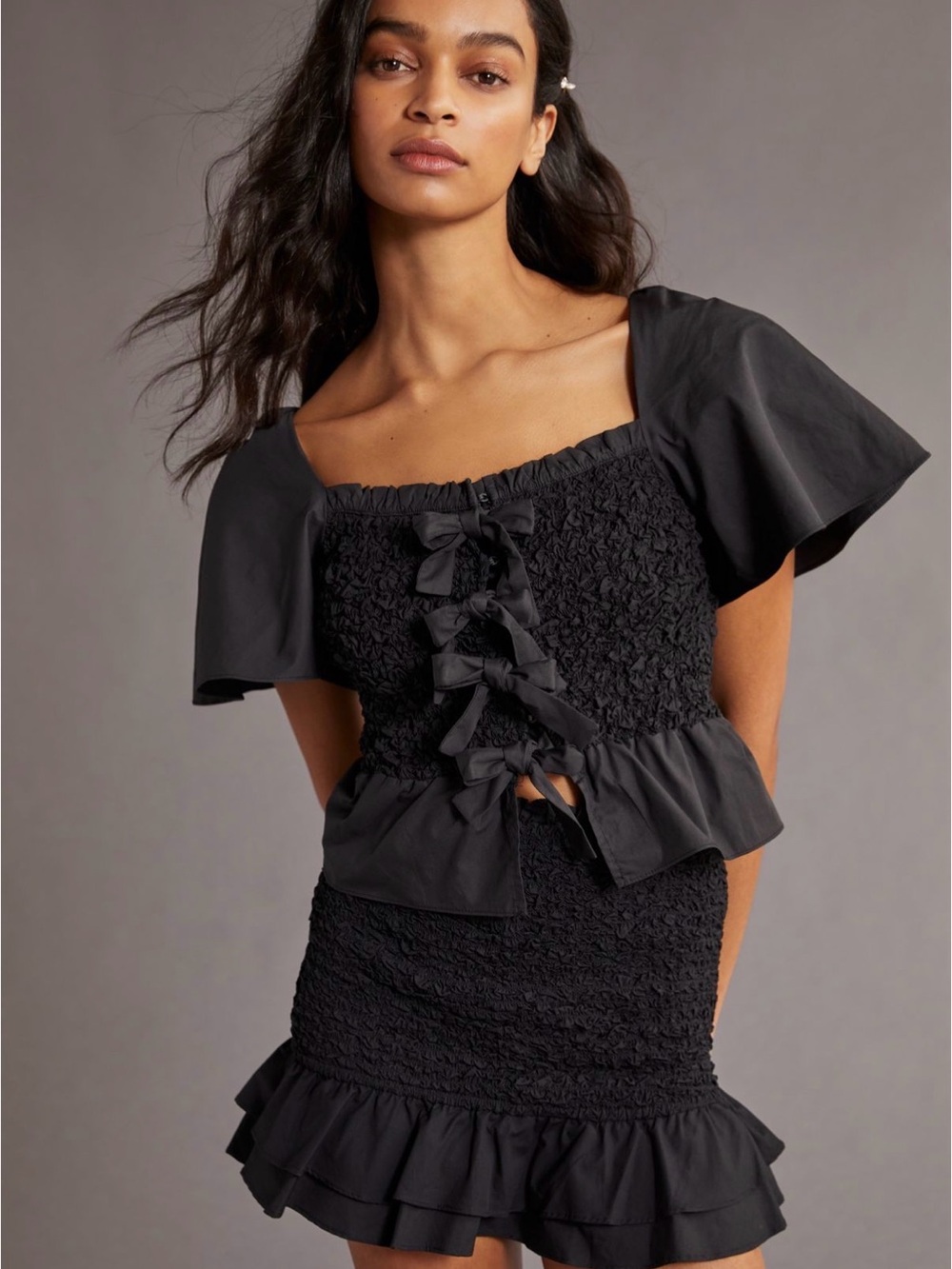 En Saison Black Smocked Peplum Crop Top Size Small - C11-714